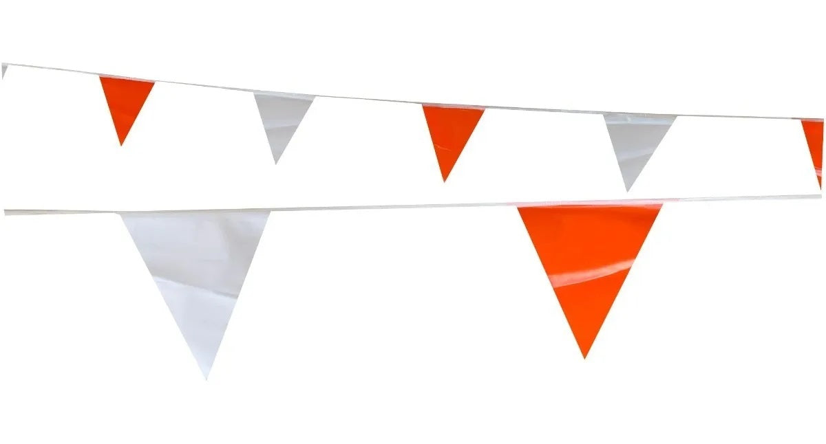 Banderines triangulares para seguridad en construcción, 50 metros de largo, con separación de 28 cm entre banderines en colores naranja y blanco Banderines triangulares para seguridad en construcción, 50 metros de largo, con separación de 28 cm entre banderines en colores naranja y blanco